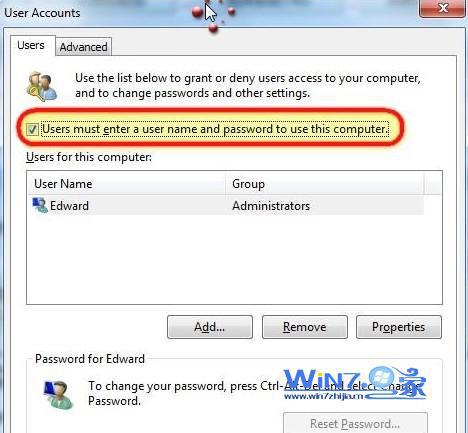 把“Users must enter a user name and password to use this computer”前面的勾去掉