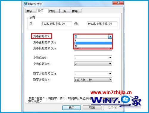 Win7系统修改货币显示格式的方法